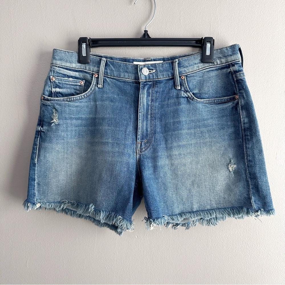 MOTHER Blue Frayed Hem Jean Shorts
